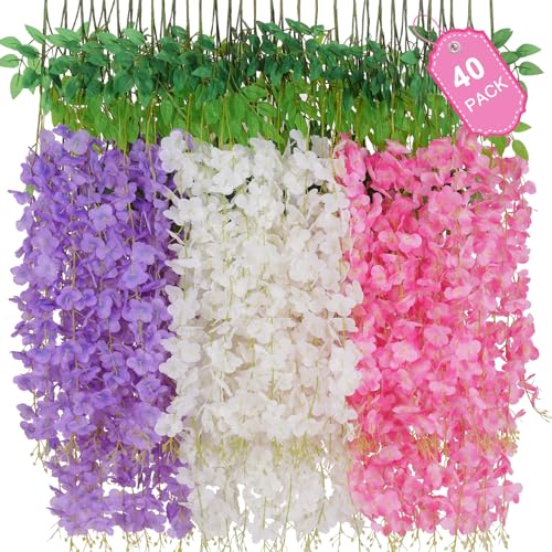 40 Pack Pink Purple White Wisteria Hanging Flowers, Fake Hanging Flowers for Decoration,Vines for Bedroom, Wisteria Flower Garland for Home ,Party,Wall,Wedding Decoration,Baby Shower(3.6 Ft/Pcs) - color: White & Pink & Purple, size: 40 Pcs
