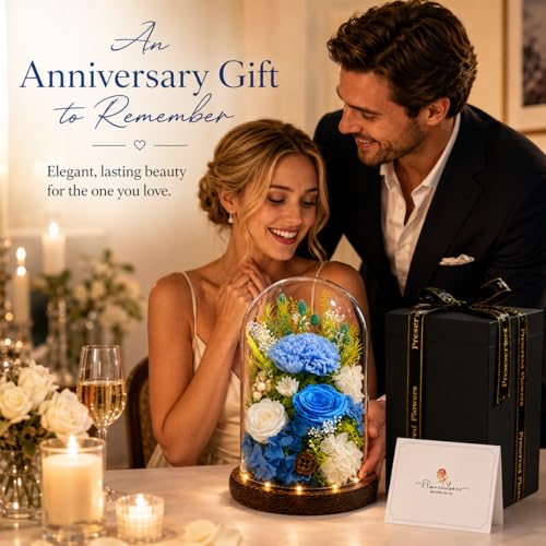 Preserved Flowers in Glass, Preserved Rose with 1 Carnation & 2 Roses, Eternal Real Flowers for Women Mom Grandma, Forever Rose Bouquet for Anniversary Birthday Mother's Day Lasts 3-5 Years - color: Blue