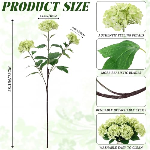Cuffbow 4 Pcs 28'' Large Green Artificial Hydrangea Flowers Fake Hydrangeas Silk Flowers Long 12 Touch Blooms for Wedding Centerpieces Bouquets DIY Floral Decor Home Decoration - color: Light Green