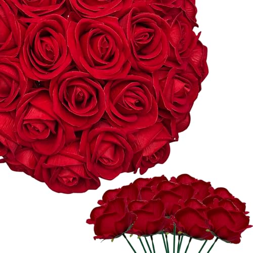 HinyoCo 28 Pcs Silk Roses Artificial Flower， Fake Roses with Stems for Wedding Bouquets Tables Centerpieces Arrangements Party Baby Shower Birthday Home Decor (Red) - color: Red