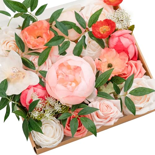 Ling's moment Fake Flowers Box, Faux Artificial Greenery Stems Foam Roses Silk Peonies Orchid Poppy Fabic Flower for Centerpieces Bouquet Wedding Vase Floral Decorations, Coral & Ivory, Grand Combo - color: Pk-coral & Ivory, size: Grand