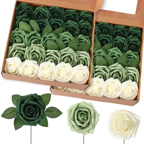 50 Pcs Artificial Foam Rose Flower Faux Bouquet Wedding Fake Rose Gift for Mother's Day Women DIY Bridal Shower Party Table Birthday Home Spring Decor (Gradient Green) - color: Gradient Green