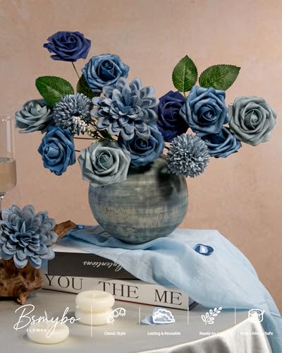 BSMYBO Dusty Blue Flower Artificial Roses Faux Flowers with Stems Mix Fake Roses Dahlia Chrysanthemum Ball for Wedding Bridal Bouquets, Table Centerpieces, Baby Shower, Party, Home Decorations - color: Dusty Blue, size: PureBlooms