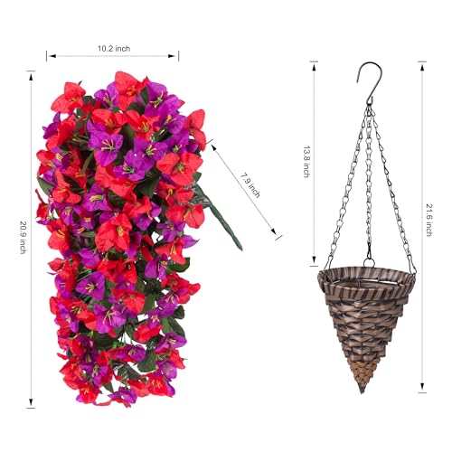 INSPRING Artificial Bougainvillea Faux Flowers Plants Baskets for Outdoor Outside Decoration, 3PCS Fake Silk Flowers Long Trailing Vines UV Resistant Realistic for Front Door Porch Patio (PurpleRed) - color: Purplered