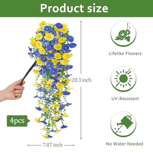 Serwalin Artificial Hanging Flowers for Outdoors Faux Plants, 4PCS Faux Morning Glory Fake Outdoor Flowers UV Resistant Realistic Silk Flower for Outside Planter Front Door Porch Patio Yard Decor - color: Yellow& Blue