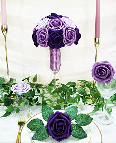 Artificial Flowers 25PCS Real Looking Ombre Colors Purple Fake Roses with Stem for DIY Wedding Bouquets Centerpieces Baby Shower Party Home Decorations - color: Shades of Purple, size: 3"/25pcs