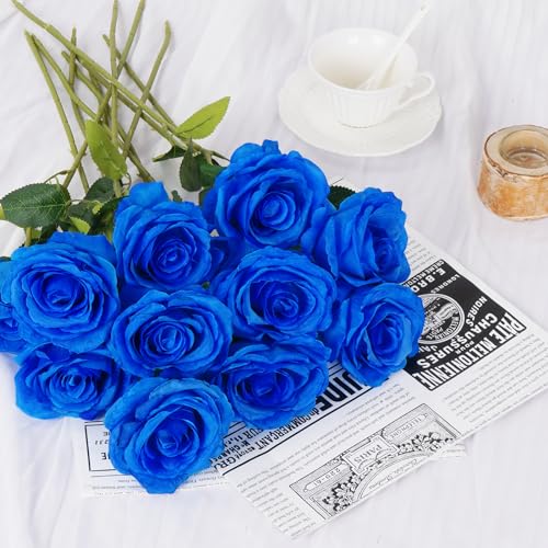 Waipfaru 16 Pcs Blue Roses Artificial Flowers, Fake Silk Roses with Long Stems, Faux Flowers for Independence Day Wedding Bouquet Centerpiece 4th of July Patriotic Decor (Royal Blue) - color: Royal Blue, size: 16 Pcs