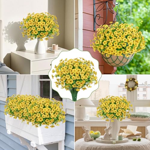 20 Bundles Artificial Flowers for Outdoors Decoration Fake Silk Flowers UV Resistant Faux Plants Artificial Daisy Eucalyptus for Spring Summer Garden Yard Porch Window Home Decor, Yellow - color: Yellow
