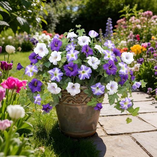 Artificial Flowers for Outdoors,2 PCS Purple Faux Morning Glory UV Resistant Silk Flowers for Outdoor Planters Garden Balcony Porch Decor Realistic Fake Flowers for Spring Decoration - color: Purple, size: 2 Bundles