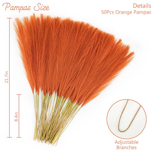 obbsie 50pcs Burnt Orange Faux Pampas Grass Decor, 21.6" Short Artificial Fall Pompous Grass Floral Fake Orange Pompas Grass Branches Vase Filler Flower Arrangement for Home Wedding Fall Decor - color: Orange, size: 50 PCS