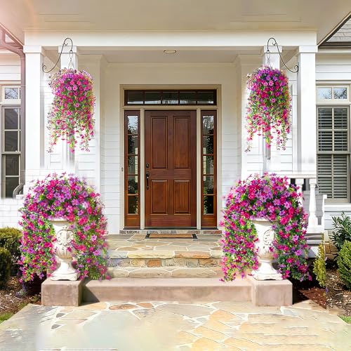 CCILAND 2 PCS Artificial Hanging Flowers for Outdoors, Fake Flower Plants UV Resistant Faux Hanging Spring Flowers for Home Porch Garden Patio Yard Decor (Pink and Purple) - color: Pink and Purple