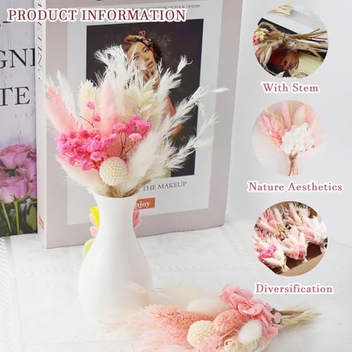 6 Pack Dried Flower Bouquets,Pink Boho Series Natural Dry Flowers Combination with Stem,Boho Artificial Bundles for Wedding Table Centerpieces,Birthday Cake Table Vase Decor,Shooting Props (Pink)