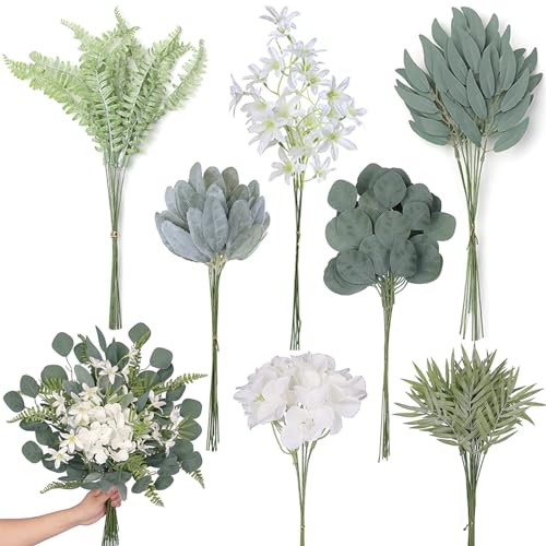 FOTEEWL 70 Pcs Artificial Greenery Stems Box Set,with 7 Kinds of Faux Plants and Fake Flowers for DIY Bridal Bouquets Wedding Floral Arrangement Table Centerpieces Decoration (Sage Green & Beige) - color: Sage Green & Beige
