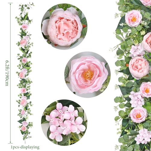 Betylifoy 2 Pack 6.2Ft Pink Flower Garland Artificial Eucalyptus Flower Garlands Fake Peony Rose Floral Vines Silk Hydrangea Hanging Vine Greenery Garland for Wedding Party Table Wall Backdrop Decor - color: Pink
