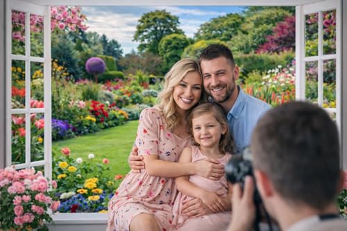 8x6ft Spring Summer Garden Window Backdrop Floral Nature Landscape Photo Background with Blooming Flowers for Portrait Photoshoot, Wedding, Baby Shower, Birthday, Studio Decor 359 - size: 8x6ft