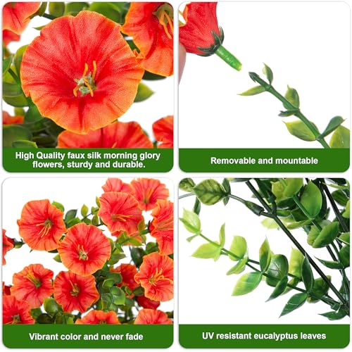HyeFlora Artificial Faux Hanging Flowers Plants for Outdoor Decor,2 PCS Fake Silk Morning Glory with Eucalyptus UV Resistant Realistic Mums for Wall Home Porch Patio Balcony Yard Indoor Decor, Orange - color: Orange With Green Leaves