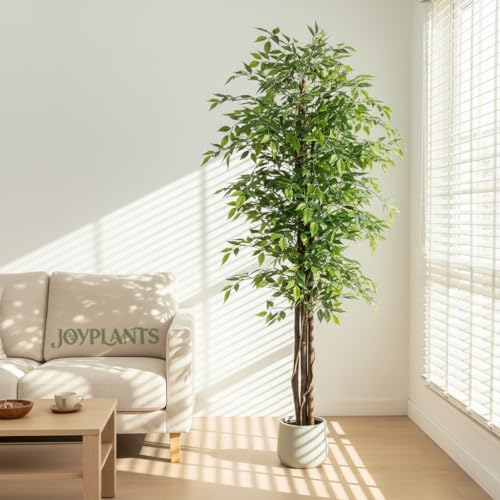 7ft Tall Artificial Ficus Tree in White Pot, Straight Trunk Fake Ficus Tree with Lush Green Leaves, Faux Potted Plant for Indoor Outdoor Home Office Living Room Patio Decor