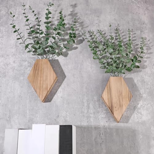 Chunful 2 Pcs Wooden Wall Planter Decor Hanging Fake Plants Greenery Flowers Holder Vase Boxes for Wall Bohemian Farmhouse Room Kitchen Office Indoor Decoration(Wooden Color,7.1 x 4.7 x 1.2 Inches) - color: Wooden Color, size: 7.1 x 4.7 x 1.2 inches