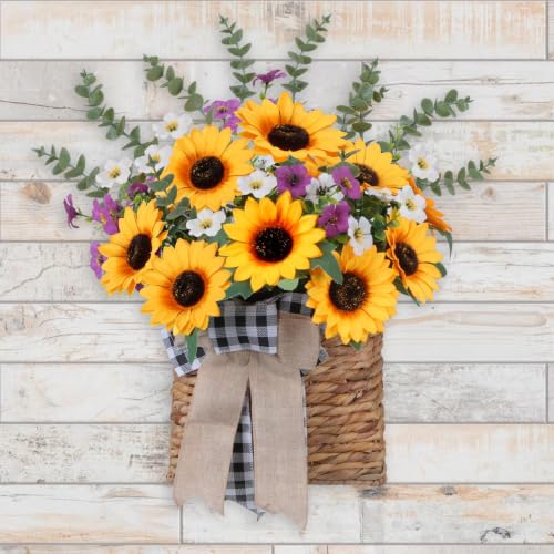 17.7" Front Door Basket with Sunflowers Basket Wreaths for Front Door | Sunflower Wreath with Daisy Fake Wildflowers for Spring Summer Porch Window Wall Garden Yard Farmhouse Home Decor - color: Yellow