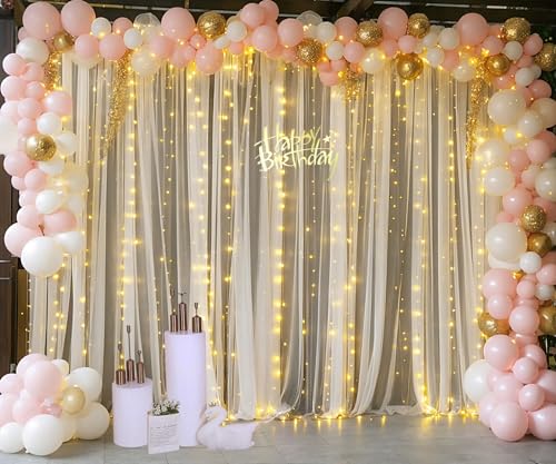 Champagne Backdrop Curtains with Lights String for Wedding Parties 10×10ft Sheer Tulle Backdrop Curtain for Bridal Shower Baby Shower Birthday Party Photo Shoot Decorations 2 Panels 5×10ft - color: Champagne, size: 10 ft X 10 ft(2 Panels 5ft X 10ft)