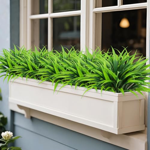 Ouddy Decor 20 Pcs Fake Outdoor Plants Artificial Grass Greenery Stems Faux Plastic Plants UV Resistant for Spring Summer Indoor Outside Garden Hanging Planter Porch Window Box Home Decor, Green - color: Green