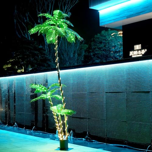 Solar Artificial Palm Tree Christmas Tree 7Ft 3Trunks 260LED Lighted Simulation Tropical Palm Tree Fake Plant Light for Patio Home Office Beach Yard Cruise Party Tiki Bar Decorations - style: 7FT Solar