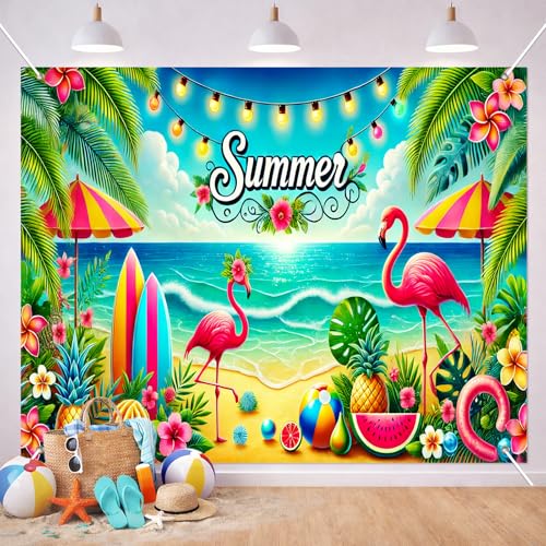 BlissYard Summer Beach Backdrop 8x6ft Flamingo Tropical Party Ocean Seaside Photo Booth Background for Birthday Pool Party Luau Event Coastal Decoration Indoor Outdoor Wall Banner - color: Summer Beach#04