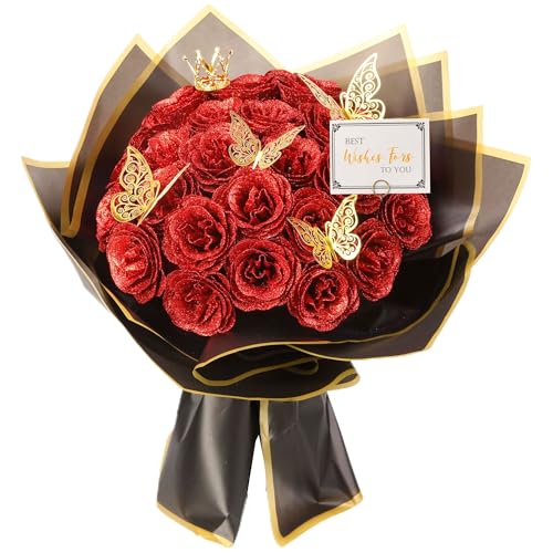 Red Glitter Roses Bouquet, 30 Pcs DIY Fake Flowers Bouquet, Everlasting Shiny Artificial Rose Bouquet for Valentine's Day, Anniversary, Engagement, Wedding - color: Red