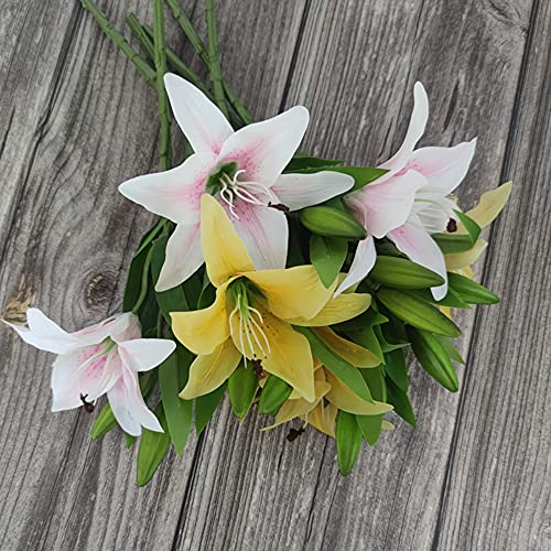 7 Pcs Artificial Lily Flowers Artificial Lilies Flowers for Home Wedding Bouquets Home Hotel Party Decor Graves Arrangement (Yellow,Light Pink) - color: Yellow,light Pink
