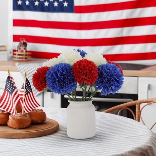 Hananona 12 Pcs Artificial Chrysanthemums Flowers Patriotic Flower, 4th of July Fake Mums Flowers Silk for Home Decor Indoor Memorial Day Table Centerpiece Vase not Included (12, Red, White, Blue) - color: Red, White, Blue
