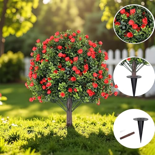 Set of 4 Artificial Boxwood Topiary Ball Trees with Red Flowers, 24" UV Resistant Fake Shrubs with Ground Spike, Faux Greenery for Garden, Yard, Porch, Patio & Indoor Outdoor Decor