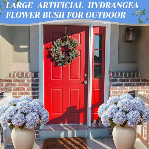 Hotop Hydrangea Artificial Flower Bush for Outdoor 19.6inch Large Silk Hydrangea 5 Heads Realistic UV Resistant Fake Flower for Porch Bouquet Window Box Wedding Indoor(2 Pcs,Blue) - color: Blue