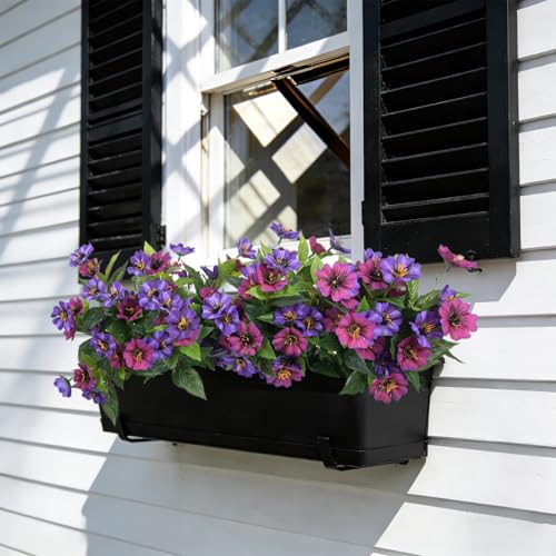 Hrobek Fake Artificial Flowers for Outdoors Decoration,4 Bundles Silk Faux Spring Flowers with Plants Leave UV Resistant for Planter Front Door Porch Yard Patio Window Box Home Indoor Decor - color: Purple,purple Red