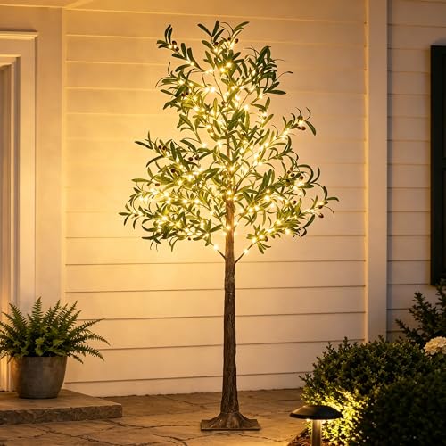 6FT Lighted Olive Tree 200 LED Artificial Fairy Lights Tree with Olive Fruit Faux Plant Tree for Decor Inside and Outside Home Patio Wedding Festival Christmas Decoration Warm White - color: Green