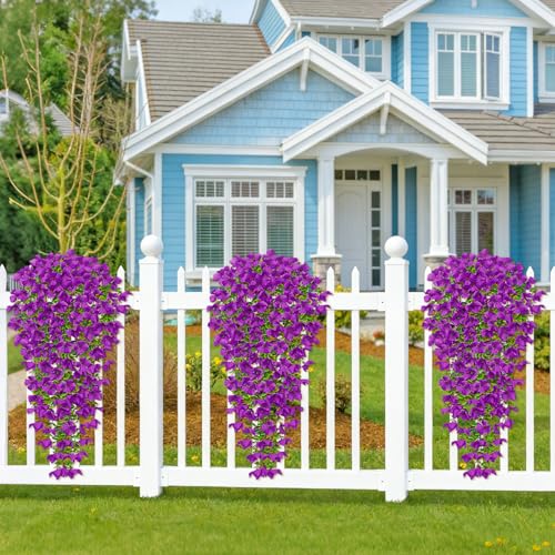 Betylifoy Artificial Hanging Flowers for Outdoors Summer Decor 2PCS Fake Hanging Plants UV Resistant Faux Silk Purple Violet Flowers Greenery Trailing Vines for Indoor Outside Garden Porch Decor - color: Purple