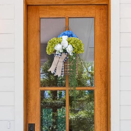 23.6" Basket Wreaths for Front Door Hanging Basket Blue & Green Hydrangea Wreaths for Front Door with Rose Spring Summer Wreath for Front Door Porch Wall Window Boho Farmhouse Home Decor - color: Blue & Green