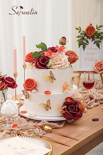 Serwalin Artificial Fall Flowers, Fake Silk Flowers Cake Flowers Roses Orange Flowers for DIY Wedding Decoration Arrangements Party Decorations Baby Shower Fall Home Decor - color: B Burgundy Orange, size: 1 Box