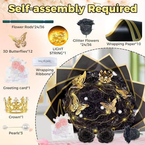 Black Glitter Roses Bouquet, 24 Pcs Shiny Glitter Flowers Bouquet, Everlasting DIY Artificial Roses Bouquet for Christmas, Birthday, Anniversary, Wedding, Engagement - color: Black-a, size: 24 PCS
