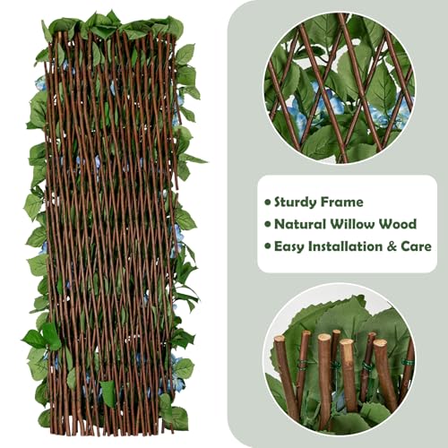 Expandable Fence Privacy Screen with Artificial Flower, Faux Privacy Fence Panel Artificial Green Wall Balcony Garden Patio Privacy Screen, Single Sided Leaves (Blue Hydrangea, 1 Pack) - color: Blue Hydrangea, size: 1 Pack