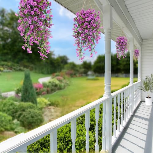 Sggvecsy Artificial Fake Hanging Flowers Plants for Outdoor Outside Spring Summer Decoration 2PCS Faux Silk UV Resistant Realistic Mums Daisy with Eucalyptus for Home Porch Patio Balcony(Magenta) - color: Magenta