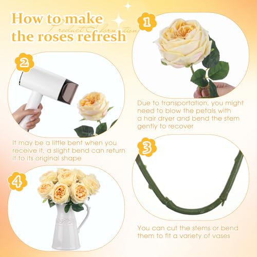 Daifunli 10pcs Real Lifelike Peonies Artificial Flowers, Faux Austin Rose with Long Stem Look Real Fake Flower for Christmas Valentines Arrangement Wedding Party Home Kitchen Decor(Champagne) - color: Champagne