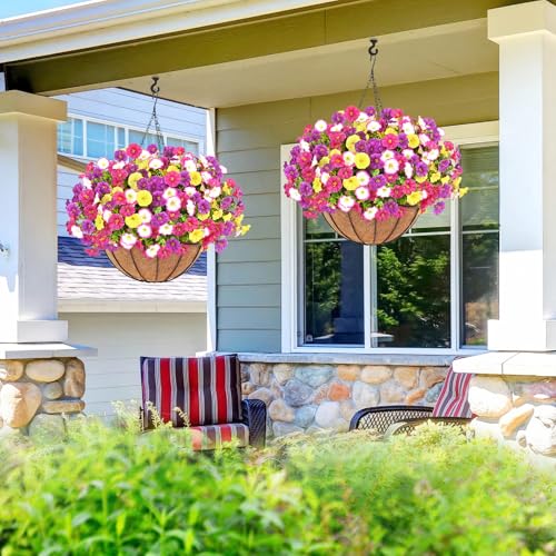 Elyum Artificial Hanging Flowers for Outdoors, Fake Flowers Artificial Petunias Hanging Baskets for Outdoors, UV Resistant Fake Hanging Plants Flowers for Outside Garden Patio Porch Decor - color: Mixed Colors 1, size: 1 Pack