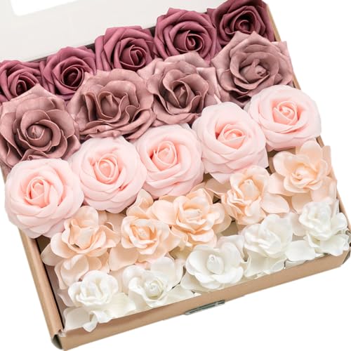 Ling's moment Artificial Flowers Fake Roses Faux Foam Gardenia Combo for DIY Wedding Bouquets Centerpieces Arrangements Bridal Shower Party Home Decorations, Mauve & Blush, 24pcs - color: Pk-mauve & Blush