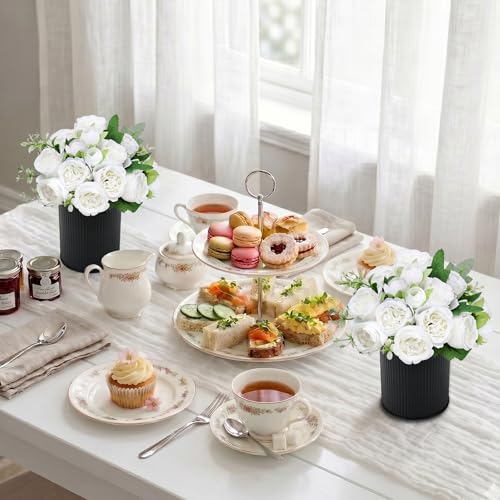 Pre-Made Flower Table Centerpieces, Set of 6 Artificial Silk Peonies with Black Vase for Wedding Reception, Modern Floral Decor for Birthday Party, Anniversary Ceremony - White - color: White