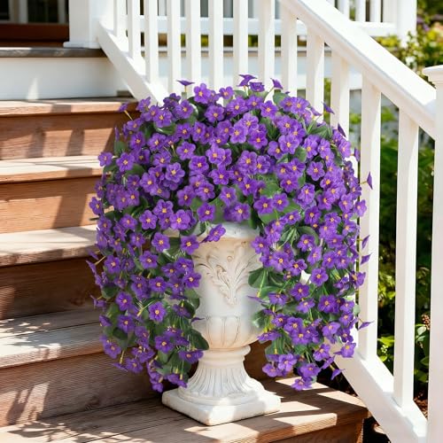 HyeFlora Artificial Faux Hanging Flowers for Outdoor Outside Spring Decoration, 2PCS Fake Silk Purple Daisy Plants UV Resistant Look Real Orchid Mums Vine for Front Door Porch Planter Balcony - color: Purple 2