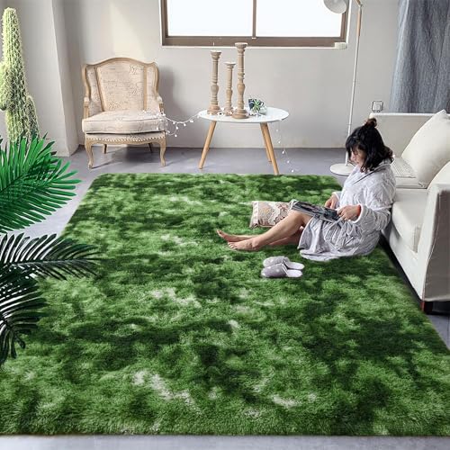 DweIke Fluffy Dark Green Rugs for Bedroom Living Room, 3x5 Feet Soft Plush Shaggy Tie-Dyed Forest Moss Green Girls Boys Kids Rug, Non-Slip and Machine Washable Carpet for Dorm Nursery Decor - color: Dark-green, size: 3 Ft X 5 Ft