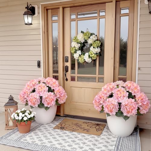 Janinka 2 Pcs Pink and White Outdoor Artificial Hydrangea Stem Large Faux Hydrangea Bushes with 5 Heads Uv-Resistant Waterproof Outdoor Faux Floral for Porch Wedding Yard Garden Decorations - color: Pink and White