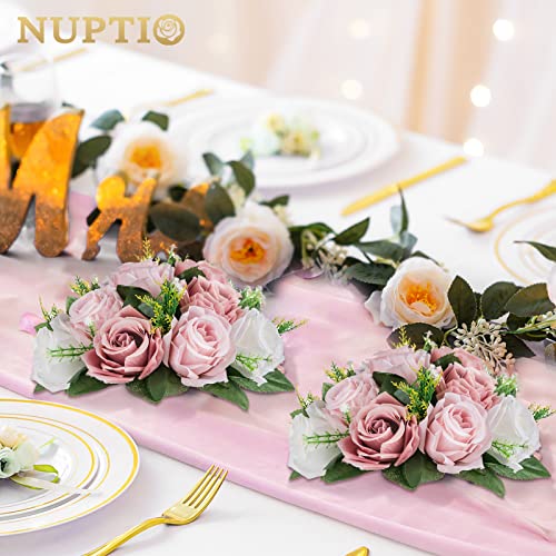 NUPTIO Flower Balls for Table Centerpieces: Dusty Pink White Fake Flowers | for Wedding Party Decor - 2 Pcs 9.5 inch Artificial Rose Bouquet Arrangements for Birthday Decorations - color: Dusty Rose & White, size: 2 Pcs