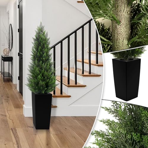 5FT Tall 2 Pack Artificial Cedar Topiary Trees with Compact Pyramidal Shape, Realistic Faux Cypress in Square Black Pot with Fillable Water Bag, Outdoor Evergreen for Front Porch Garden Home Decor - color: Black-pyramid Topiary, size: 5ft-2pack