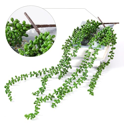 3PCS Artificial Succulents Hanging Plants,27.5 Inch Fake String of Pearls Greenery Plants 5 Branches for Fall Home Garden Office Party Balcony Wall Indoor Outdoor Autumn Decoration - color: Green